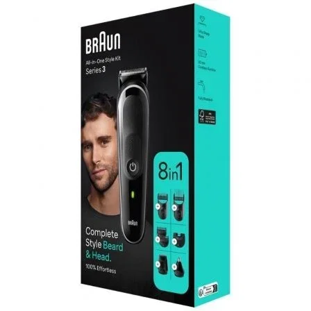 Braun Recortadora MGK3440 All in One Style Kit Series 3 - 8 en 1 para barba, pelo, nariz y orejas, inalámbrico, 80 min autonomía, lámina ultra afilada